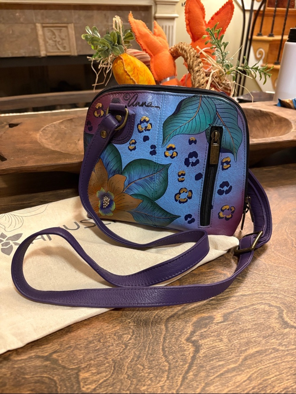 Like new, Anuschka Anna Hand-Painted  Tropical Jungle Leather Crossbody Bag